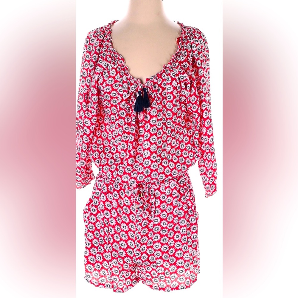 Tory Burch red floral romper-shorts with pockets.